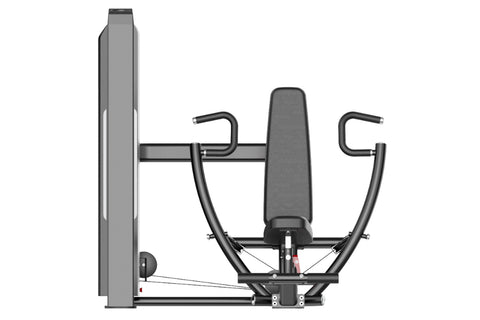 Black commercial chest press machine with padded seat and handles, red adjustment levers, on white background