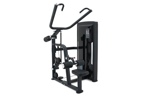 Black commercial lat pulldown machine with curved handles, digital display console, and padded seat on white background