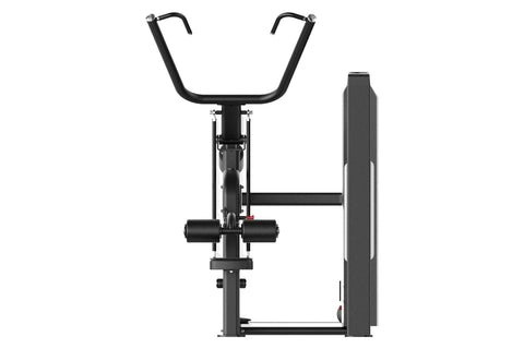 Black commercial lat pulldown machine with curved handles, digital display console, and padded seat on white background