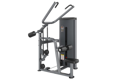 Warrior Deluxe Commercial Series Lat Pulldown machine with gray frame, black seat, and dual-handle mechanism on white backgro