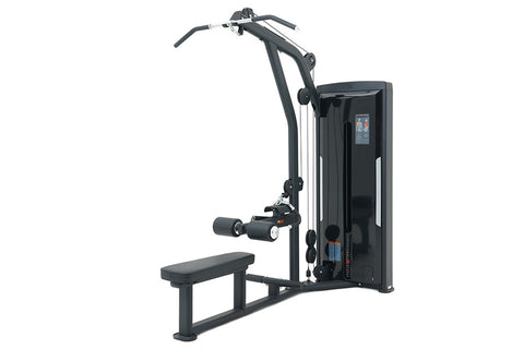 Black commercial lat pulldown and seated row machine with digital display, leg extension lever, and curved handlebar on white