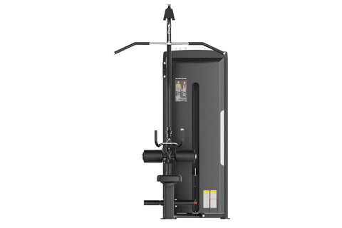 Black commercial lat pulldown and seated row machine with digital display, leg extension lever, and curved handlebar on white