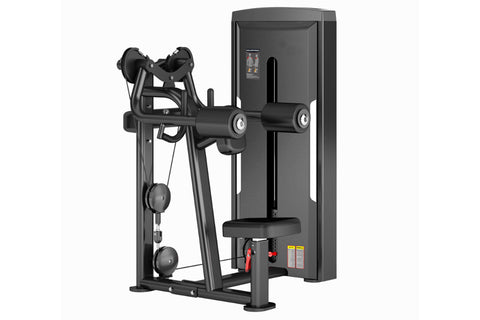 Black commercial lateral raise machine with dual handles, weight stack, and digital display on white background