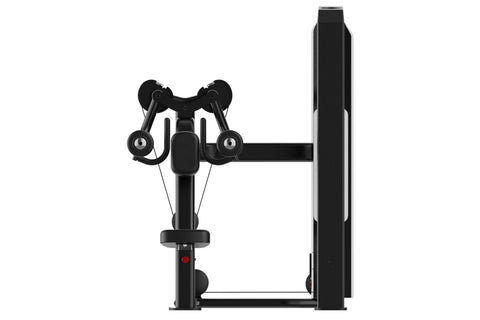 Black commercial lateral raise machine with dual handles, weight stack, and digital display on white background