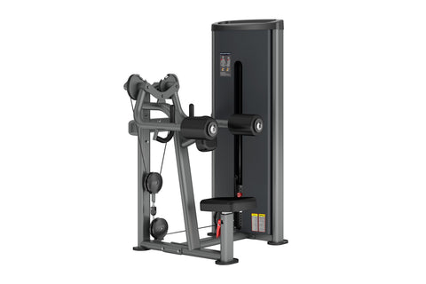 Warrior Deluxe Commercial Series lateral raise machine with gray frame, black accents, and weight stack on white background