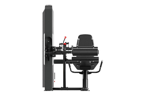 Black commercial leg curl machine with digital display panel, padded seat, and adjustable leg extension arm on white backgrou