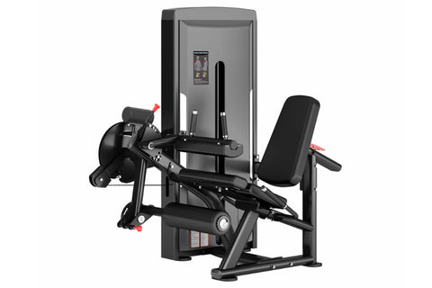 Commercial leg curl and extension machine with black frame, gray padded seat, adjustable leg pad, and digital display console