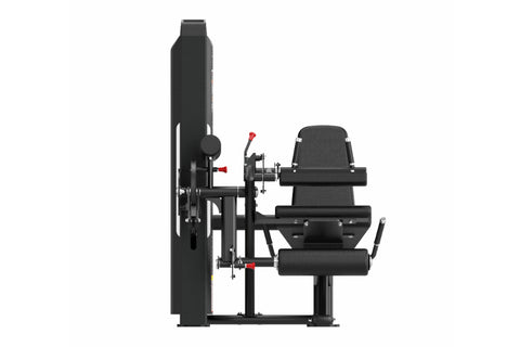 Commercial leg curl and extension machine with black frame, gray padded seat, adjustable leg pad, and digital display console