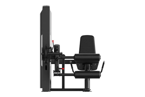 Black and gray leg curl and extension machine with digital display, padded seat and leg attachment, on white background