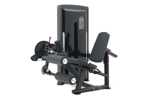 Black and gray leg curl and extension machine with digital display, padded seat and leg attachment, on white background