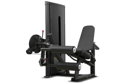 Black commercial leg curl and extension machine with padded seat and backrest on white background