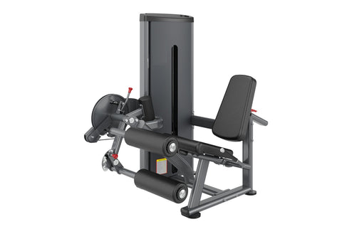 Black commercial leg curl and extension machine with padded seat and backrest on white background