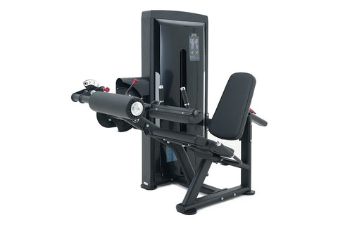 Black commercial leg curl machine with digital display panel, padded seat, and adjustable leg extension arm on white backgrou