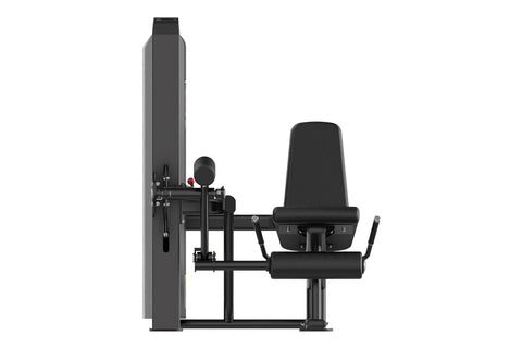 Black commercial leg extension machine with padded seat, digital control panel, and weight stack on white background
