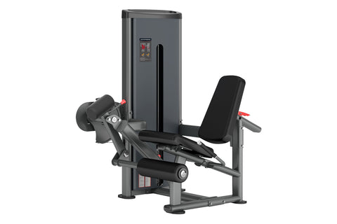 Gray and black commercial leg extension machine with padded seat and leg rest on white background