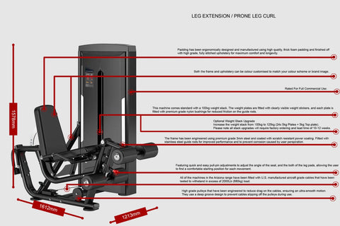Black commercial leg extension and prone leg curl machine with padded seat, dual weight stacks, and tall vertical frame on wh