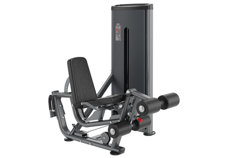 Black commercial leg extension and prone leg curl machine with padded seat, dual weight stacks, and tall vertical frame on wh