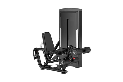 Warrior Pro black leg extension and prone leg curl machine with dual weight stacks and digital display on white background