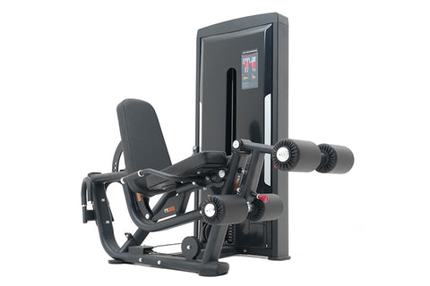 Warrior Pro black leg extension and prone leg curl machine with dual weight stacks and digital display on white background