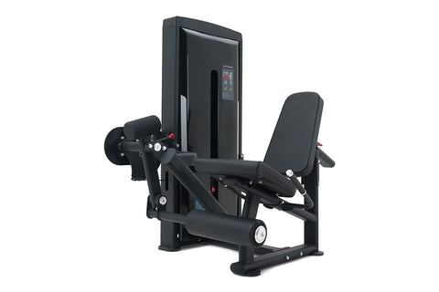 Black commercial leg extension machine with padded seat, digital control panel, and weight stack on white background