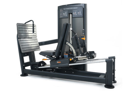 Warrior Elite Commercial Series black leg press and hack squat machine with orange accents, instruction panel, and footplate 
