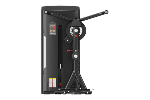 Black commercial multi hip exercise machine with dual handles, leg press footplate, and digital display on white background