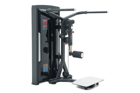 Black commercial multi hip exercise machine with dual handles, leg press footplate, and digital display on white background