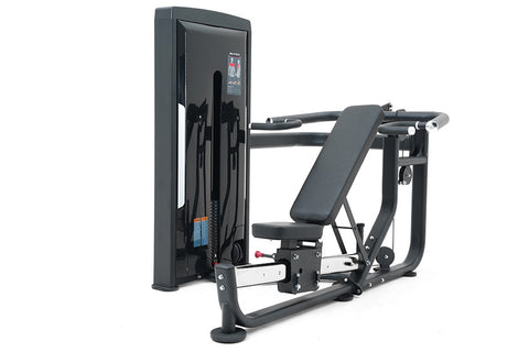 Warrior Pro Commercial Series Multi Press with black frame, padded seat, dual handle bars, and digital display on white backg
