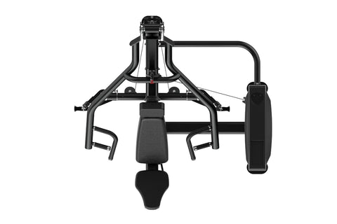 Black commercial chest press machine with padded seat, dual handles, and digital display panel on vertical frame