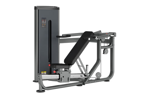 Gray and black commercial multi-press machine with seated chest press station, adjustable backrest, and weight stack on white