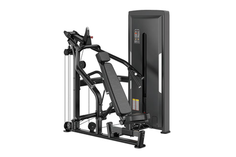 Black commercial chest press machine with padded seat, dual handles, and digital display panel on vertical frame