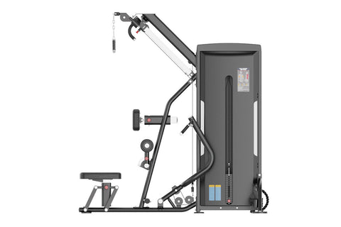 Black multi-functional gym machine with pulldown and row attachments, digital display, and red accent details on white backgr