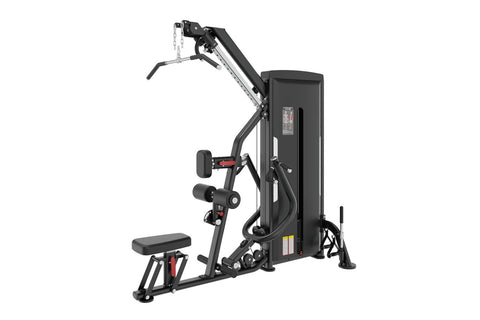 Black multi-functional gym machine with pulldown and row attachments, digital display, and red accent details on white backgr