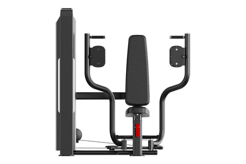 Black commercial pectoral fly exercise machine with padded seat and handles, on white background