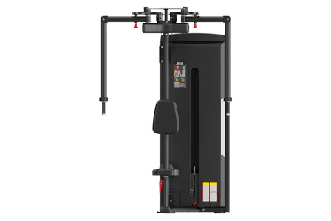 Black commercial pectoral fly and rear deltoid machine with padded seat and arm handles on white background