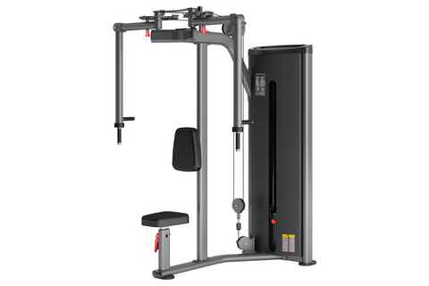 Black and gray commercial pectoral fly and rear deltoid machine with weight stack, dual handles, and cushioned seat on white 
