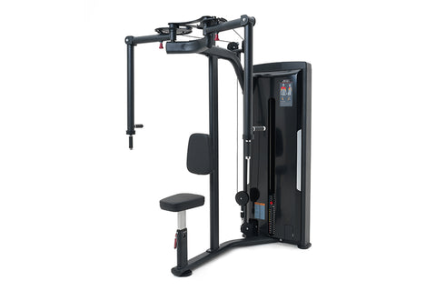 Black commercial pectoral fly and rear deltoid machine with padded seat and arm handles on white background