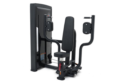 Black commercial pectoral fly exercise machine with padded seat and handles, on white background