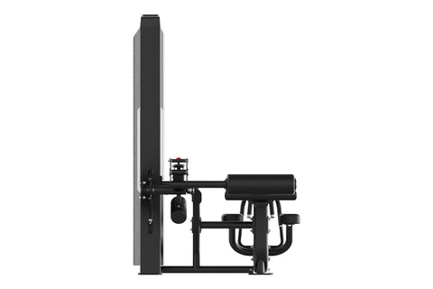 Black commercial leg curl machine with digital display, padded seat, and adjustable leg extension arms on white background