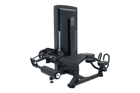 Black commercial leg curl machine with digital display, padded seat, and adjustable leg extension arms on white background