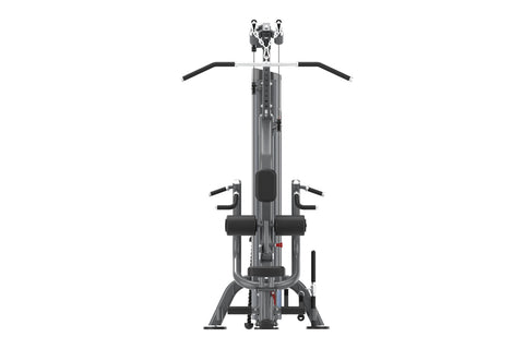 Warrior Pro commercial pulldown and mid row machine with gray frame, black seat, and dual exercise stations on white backgrou