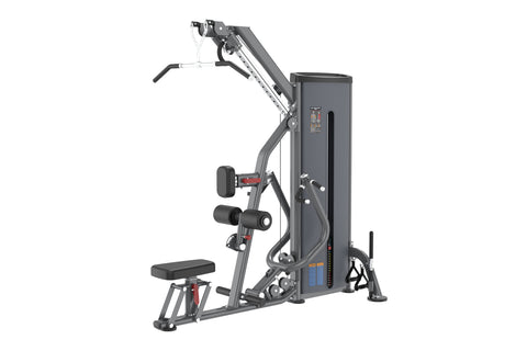 Warrior Pro commercial pulldown and mid row machine with gray frame, black seat, and dual exercise stations on white backgrou