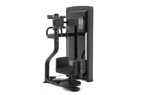 Black commercial rotary torso exercise machine with padded seat, arm handles, and digital display on tall frame, on white bac