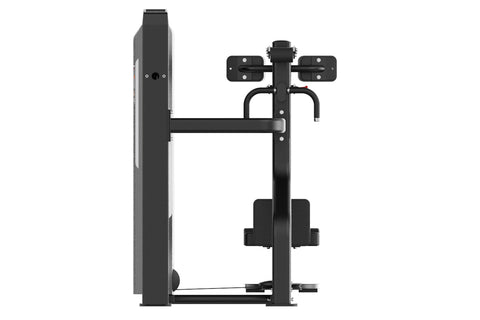 Black commercial rotary torso exercise machine with padded seat, arm handles, and digital display on tall frame, on white bac