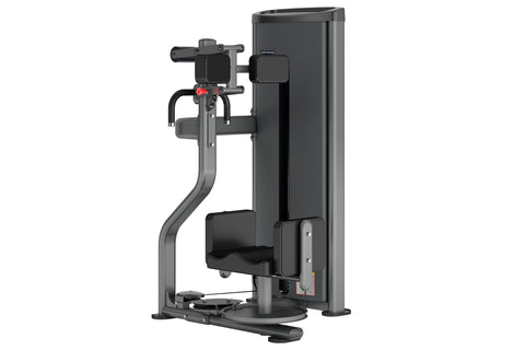 Black commercial rotary torso exercise machine with padded seat, adjustable handles, and tall vertical frame on white backgro