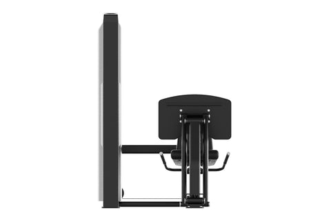 Black commercial leg press machine with digital display, padded seat and backrest, weight stack, and dual handles on white ba