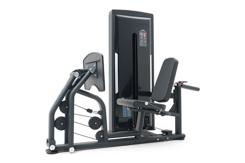 Black commercial leg press machine with digital display, padded seat and backrest, weight stack, and dual handles on white ba