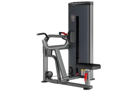 Gray and black commercial seated row machine with padded seat and handlebar on white background