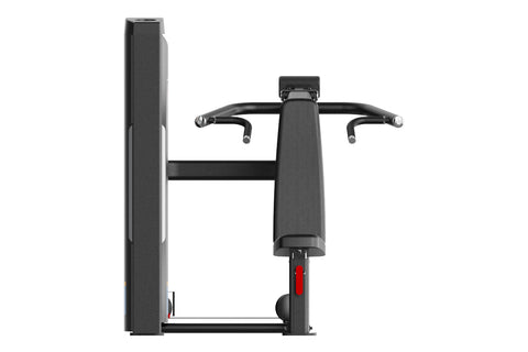 Black commercial shoulder press machine with padded seat and handles, digital display screen, on white background