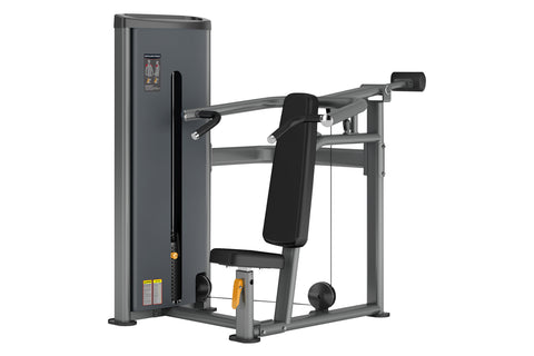 Warrior Deluxe Commercial Shoulder Press machine with gray steel frame, black padded seat and backrest, gray arm lever with b